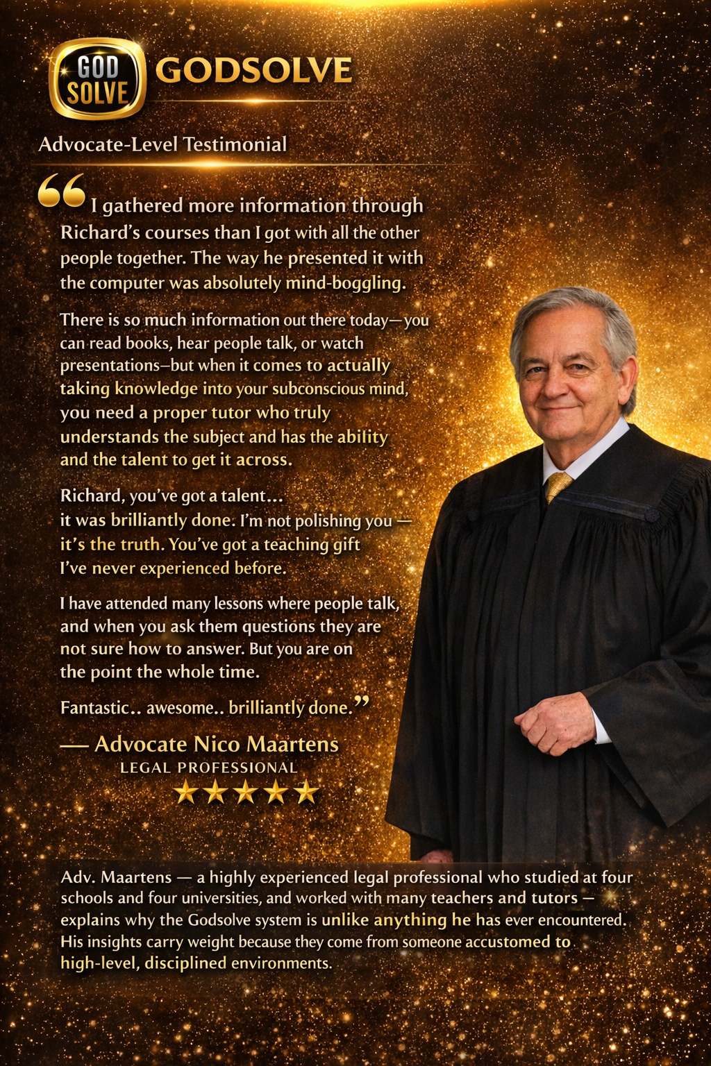 Advocate Nico Maartens Godsolve testimonial poster